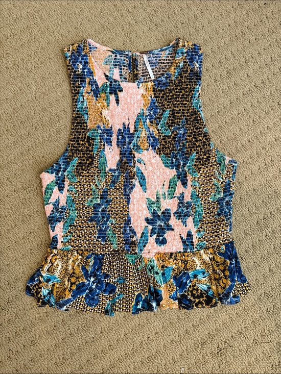 Free People Tops - Free People Floral Smocked Peplum Tank Top - Pink, Blue & Gold
